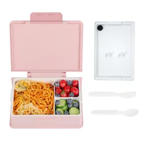 กล่องอาหารกลางวันเบนโตะสำหรับเด็ก,กล่องใส่อาหารกลางวันพร้อมโหลใส่ซอสช้อนส้อมมี3ช่องใส่อาหารและขนมขบเคี้ยว
