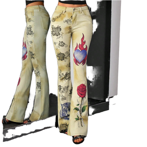 Flare Enzyme Wash Spandex Cotton Women's Cotton Fleece floral printed washed Sweatpants for women - Product Image 1