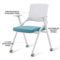 Chaise de conférence pliable personnalisée en maille avec roulettes, accoudoirs empilables et dossier confortable pour personnel et étudiants en salles de conférence