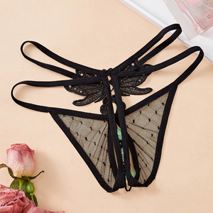 Women's <b>Sexy</b> Luminous Pearl <b>Thong</b> Black Mesh Lace Insertable Club Underwear - Product Image 2