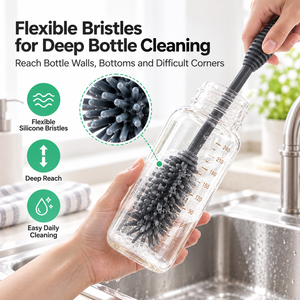 Brosse à biberon en silicone 2 en 1, double extrémité, nettoyeur de tétine, brosse de nettoyage de bouteille d'eau à long manche, noyau en acier inoxydable - Product Image 3