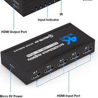 Conmutador HDMI2.0 4K60HZ 5-en-1 5-Salidas Hardrock Metal con Control Remoto para Cine en Casa y Juegos