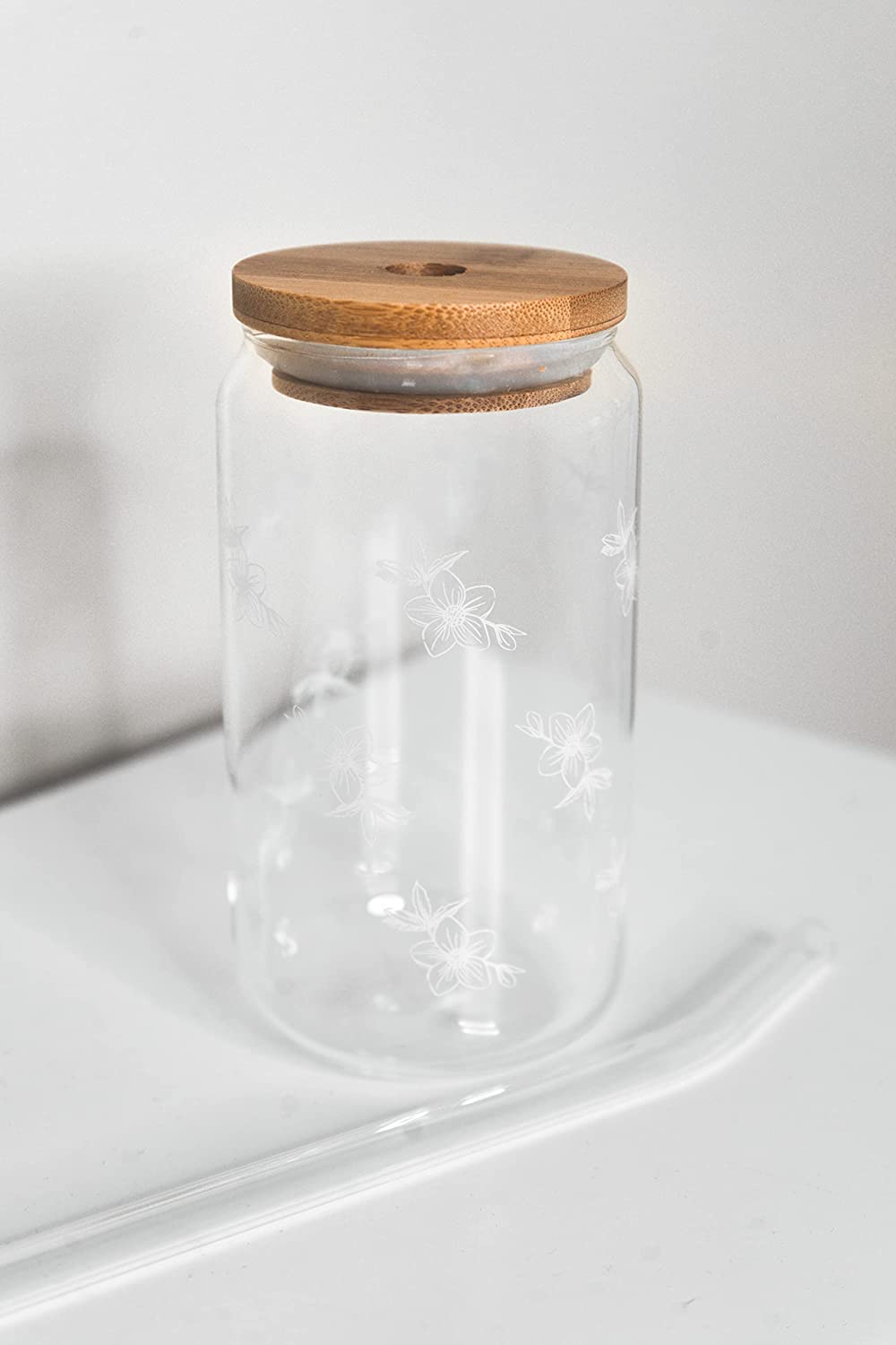Beer Can Glass Tumbler, glass coffee cup With Bamboo Lid And flower print. Iced Coffee Glasses, Soda Can Cup, 16oz