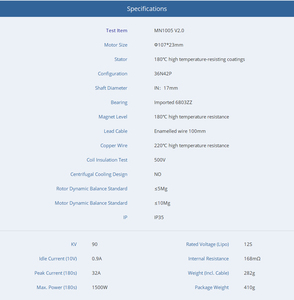 Moteur Brushless T-MOTOR MN1005 V2.0 KV90 1500W 12S 48V 10KG 20KG pour Multirotor VTOL UAV - Accessoire de Drone - Product Image 5