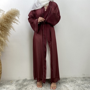 1425# New Design New Material Transparent Silk Polyester Luxury Diamond Border With Pockets Women Open Abaya 4 Colors - Product Image 3