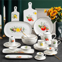 Vaisselle en céramique blanche émaillée avec décor de bordure couleur personnalisée et motif citron, service de vaisselle en porcelaine pour hôtel