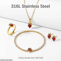 Ensemble de bijoux en acier inoxydable 316L plaqué or 18K avec couronne en forme de cœur et CZ rouge, collier, bracelet, bague, boucles d'oreilles, hypoallergénique, OEM, vente en gros
