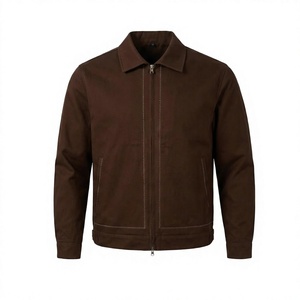 Blouson Bomber Moto en Toile 100% Coton pour Homme, Fermeture Éclair, Marron Uni, Décontracté, Vêtement d'Automne, Logo Avant, Imperméable - Product Image 1