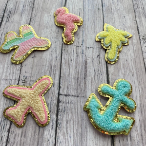 Оптовая продажа, нашивки с мультяшными рисунками, самолет, якорь, фламинго, пальма, синель, OEM, железо, лазерная резка, блестящий патч - Product Image 2