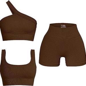 Conjunto de Yoga de Tres Piezas para Mujer, de un Solo Hombro, Sin Espalda, Acanalado, Sin Costuras, Sólido, Transpirable, de Secado Rápido, de Cintura Alta, 100% Poliéster, para Fitness - Product Image 3