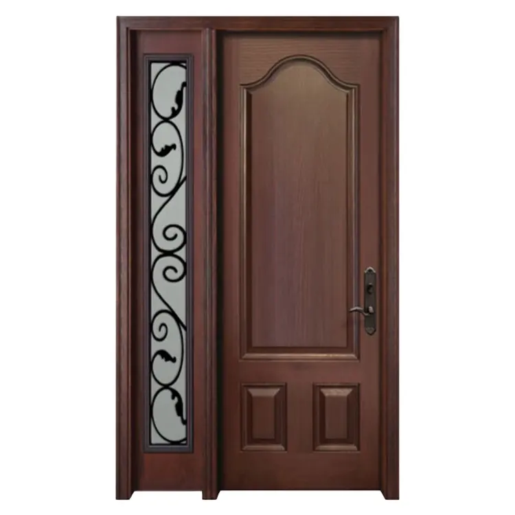 French Traditional Solid Wooden Main Door With Side Light With Smart Lock