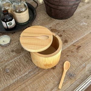 Bamboo Seasoning <b>Jar</b> With Spoon Camel Color <b>Kitchen</b> Spice <b>Storage</b> Container Japanese Style Wooden Lid - Product Image 1