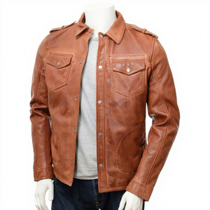 Chaqueta de Cuero Marrón Auténtico para Hombre, Estilo Trucker, con Cuello de Piel de Oveja, Epaulettes, Cierre de Broches, Bolsillos con Solapa, Abrigo de Invierno Personalizado - Product Image 1