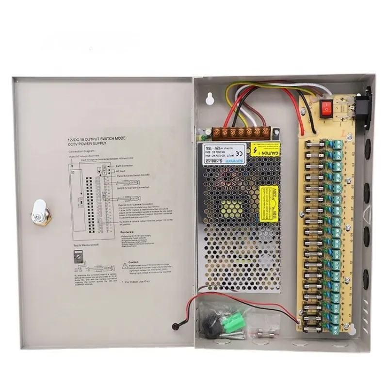 Kundendienst unterstützen 110 V/220 V Wechselstrom zu Gleichstrom 12 V 15 A Stromversorgungsbox 18 Kanäle CCTV-Kamerazubehör