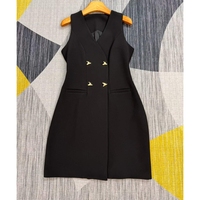 Robe Blazer Sans Manches Col V pour Femme, Double Boutonnage, Boutons Métalliques, Coupe Slim, Longueur Midi, Lavable, Coupe Trapèze, Tenue de Bureau Formelle Professionnelle