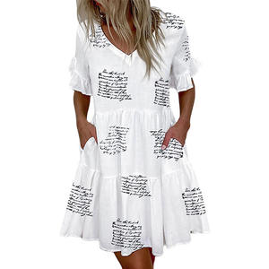 Abito Midi Casual Multicolore con Volant <span class=keywords><strong>e</strong></span> Maniche Corte, Elegante Stile Dolce, Vestito Ampio con Scollo a V per Donna, Ideale per Primavera ed Estate - Product Image 2