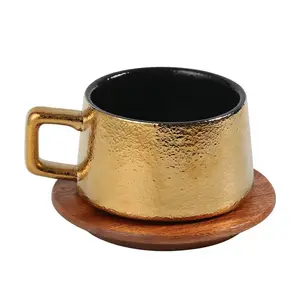 豪华金黑陶瓷咖啡杯木板银色咖啡杯带礼品包装盒