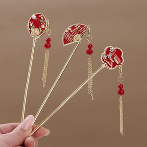 Horquilla para el pelo con borla roja y flor de perlas, elegante forma de abanico, estilo chino versátil, para fiesta Hanfu - Product Image 5