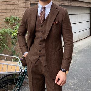 Traje de Pantalón de Estilo Británico Retro, Corte Slim, Tweed Espigado, Casual, para <span class=keywords><strong>Caballero</strong></span> - Product Image 2