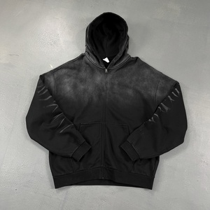 Sudadera con Capucha y Cremallera Estilo Streetwear, Lavado Ácido Personalizado, Diseño Vintage Desgastado, Unisex, Talla Grande, Moda Urbana Casual, 100% Algodón - Product Image 1