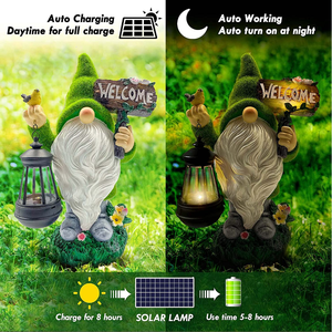 Gnomo floccato con luce solare che tiene la lanterna segno di benvenuto statue da giardino in resina - Product Image 5