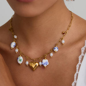 Collar de escape bohemio de moda Curado Whimsy Gold-Linked Acero inoxidable <span class=keywords><strong>con</strong></span> perla de cerámica mixta Oro para dijes eclécticos - Product Image 2
