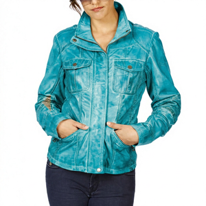 Chaqueta de invierno acolchada de piel de oveja Napa encerada en color dorado para mujer, con cremallera frontal, tela satinada y relleno de algodón. - Product Image 3