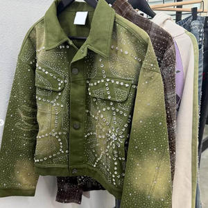 Custom 100% Cotton Heavyweight Denim <b>Jacket</b> <b>Rhinestone</b> Cut Sew Crystal Cargo Pocket Windproof Hip Hop Winter Men Denim <b>Jacket</b> - Product Image 1