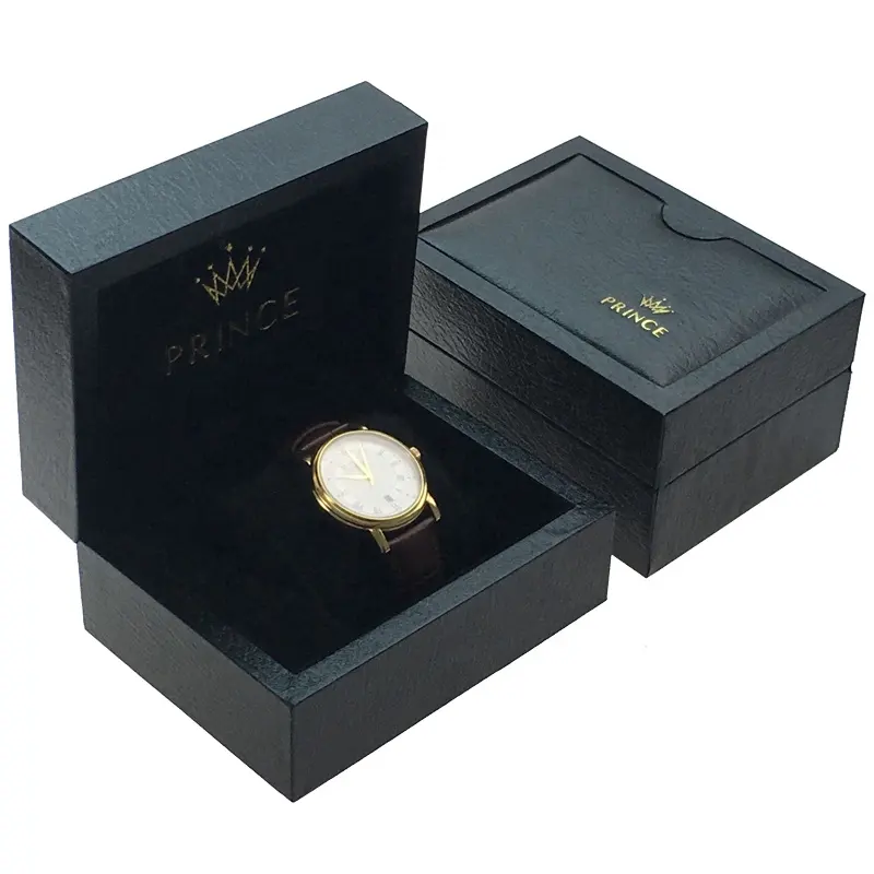 Özel logo cajas para reloj luxuri izle kutusu modern kol saati ambalaj kutusu ile moda siyah desen kağıt yumuşak peluş yastık