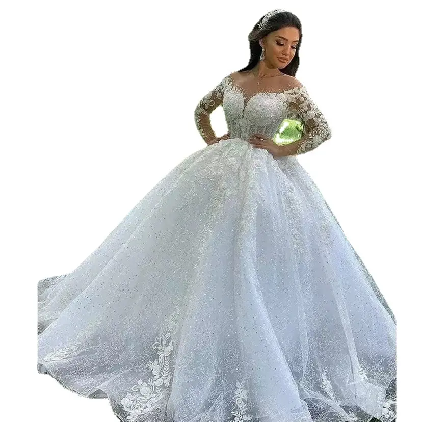 2023 mangas completas con cuentas hinchadas 3D flor encaje vestidos de novia vestido de novia nuevo árabe Dubai cristal vestido de novia