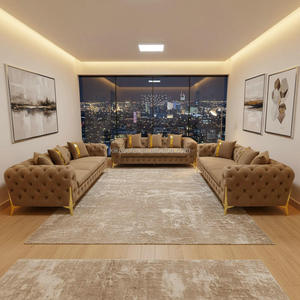 طقم أريكة تشيسترفيلد مبطن بـ 223 مقعد، ظهر مزخرف، أرجل معدنية ذهبية، قماش مخملي - أريكة قطاعية بتصميم عصري للشقق - Product Image 3