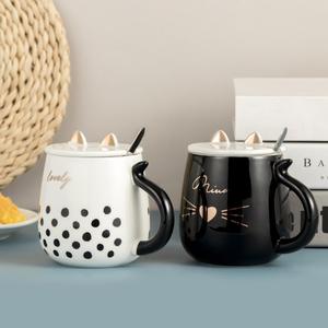 Tasse à eau en céramique motif chat de dessin animé avec couvercle et cuillère, mignonne tasse à café pour couple, style cœur de fille, tasses à thé et soucoupes tendance, cadeau - Product Image 1