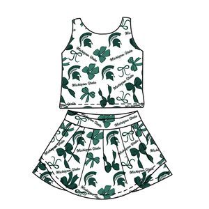 Completo coordinato personalizzato per fratelli e sorelle: Top senza maniche verde con fiocco e gonna a mezza gamba, <span class=keywords><strong>pantaloncini</strong></span> da yoga, abbigliamento sportivo carino - Product Image 4