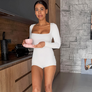 QINSI Custom Logo Women Pajama Full Sleeve Jumpsuits Solid Nightgown Knit <strong>Pyjama</strong> Womens <strong>One</strong> Piece Knee Bodysuit - Product Image 2