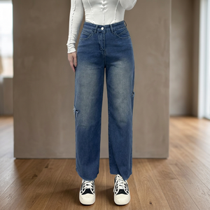 2023 New Fashion Ladies Baggy Denim Pant Stretch Cotton Dark Wash Straight 3D Trendy <b>Cheap</b> Price Bangladesh Jeans - Product Image 2