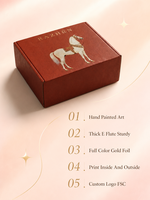 Boîte d'expédition personnalisée imprimée, motif cheval peint à la main, design zodiacal, boîte robuste en carton ondulé E avec logo doré pour cadeaux et vêtements