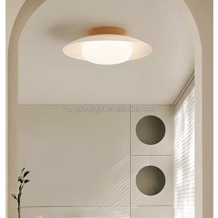 Cream Style Japanese Nordic Ceiling Lamp Solid Wood & PC Shade 3 Color Dimmable LED Semi Flush Mount Light for Bedroom Entryway