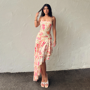 เดรสยาวลายดอกไม้สไตล์วินเทจเรโทร ผ้าตาข่ายแบบไม่สมมาตร แต่งระบายเป็นชั้นๆ ดีไซน์เปิดหลังไขว้หลัง  ชุดเดรสสายเดี่ยวอเนกประสงค์สำหรับฤดูร้อน - Product Image 4