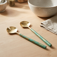 Ensemble d'ustensiles de service en acier inoxydable doré avec manche en bois, cuillère et fourchette |   Vaisselle de Buffet Haut de Gamme en Gros