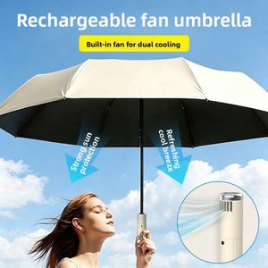 Semi-Automatic Sun Fan Cooling Outdoor <b>Shade</b> All-Weather Three-Fold Folding Uv Protection Umbrella - Product Image 2