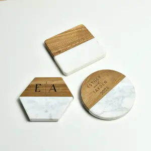 Souvenirs Gift.Personalized Mug Mats Natural Marble And Acacia Wood Coasters Baby Shower Wedding Souvenir For Wedding Guests