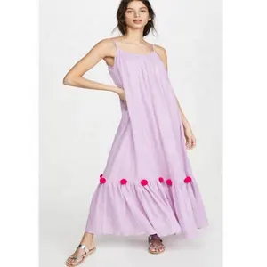 Pretty Feminine Violet Lurex Adjustable Shoulder Strap Ruffle Hem With Pink Pompom Decor Dress Classy Boho Casual Maxi Dress