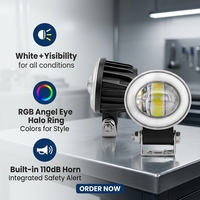 LELANPU Phare auxiliaire LED pour moto 2-en-1 avec Angel Eye RGB, klaxon 110 dB, étanche IP67, projecteur pour moto et VTT OEM