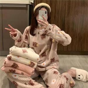 Fall Winter Thickened Cartoon Coral Velvet Flannel Women Pajama Sets Long Sleeve Pant Thermal Girls Nightwear - Product Image 4