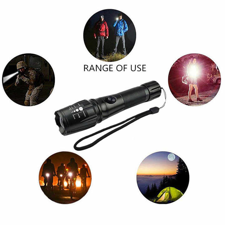 Waterproof Powerful 10W XML T6 IP55 Long Range Torch,Zoom 5 Modes Tactical Rechargeable Led Flashlight for Self Defense