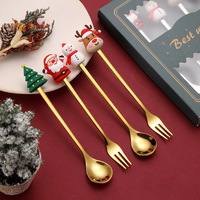 Cadeaux souvenirs de Noël Cuillère à thé et fourchette Ensemble de couverts dorés de Noël Cadeau pour la fête
