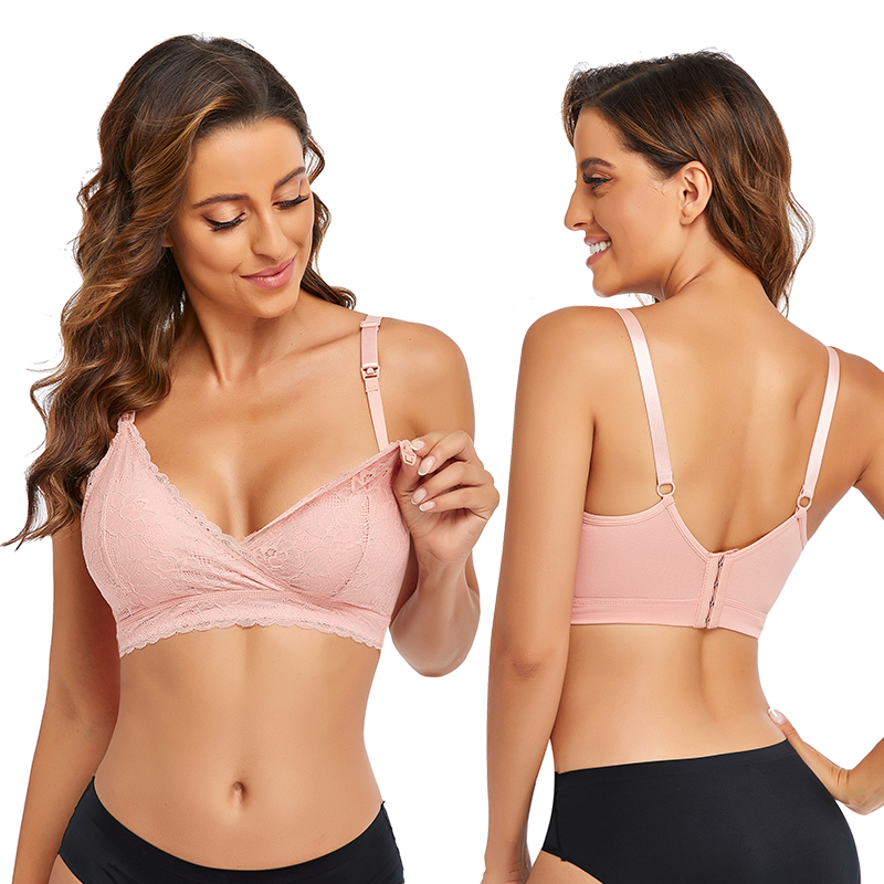 Factory Direct Sale Breathable Lace Comfortable Cup Wireless Front Open Buckle Cotton Cross Maternity Nursing Bra