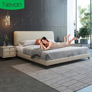 Мебель для спальни в итальянском стиле, Роскошная Современная двуспальная кожаная кровать с рамой из массива дерева, 2020