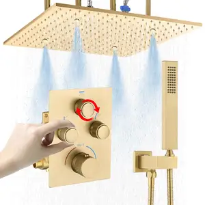 16 Inch Rain Ceiling Overhead Shower Head Shower Faucet Set Brushed Gold Thermostatic Shower System Sets