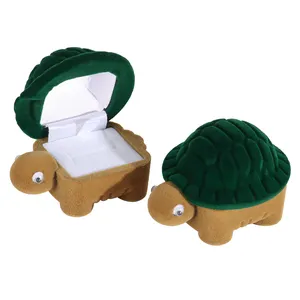 Jolie bague en velours en forme de tortue pour enfants, petite boîte à pendentif, boîte à bijoux en plastique floqué